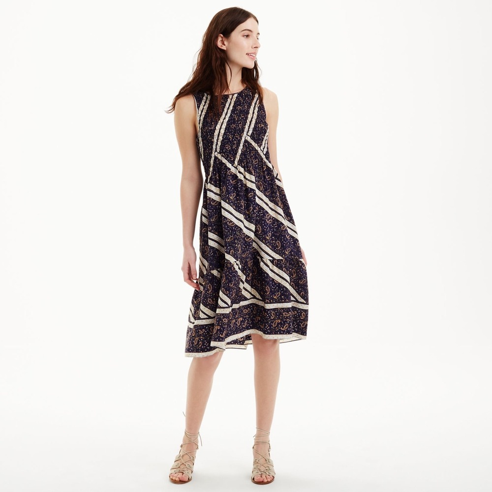 Club Monaco Women's 4 Dremah 100% Silk Paisley Stripe Sleeveless Midi Dress Navy